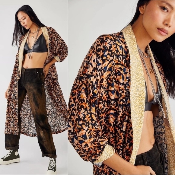 Free People Wild Nights Leopard and Floral Kimono Duster